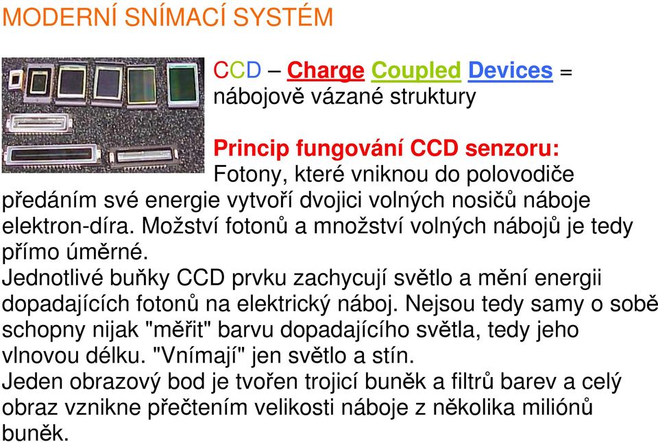 Jednotlivé buňky CCD prvku zachycují světlo a mění energii dopadajících fotonů na elektrický náboj.