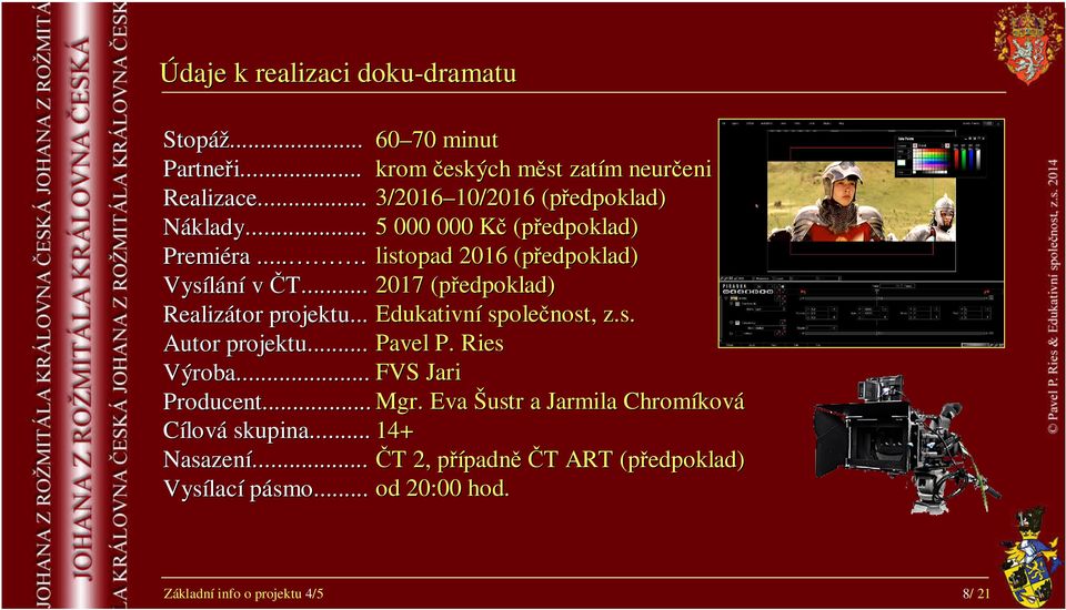 .. 2017 (předpoklad) Realizátor projektu... Edukativní společnost, z.s. Autor projektu... Pavel P. Ries Výroba... FVS Jari Producent... Mgr.