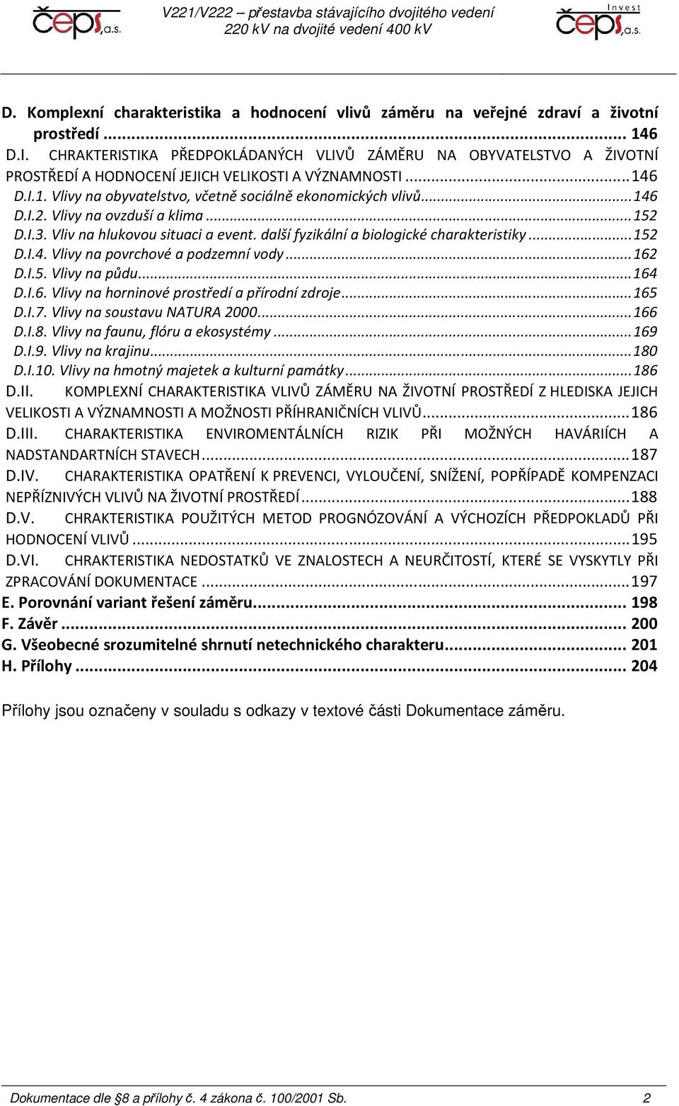 .. 146 D.I.2. Vlivy na ovzduší a klima... 152 D.I.3. Vliv na hlukovou situaci a event. další fyzikální a biologické charakteristiky... 152 D.I.4. Vlivy na povrchové a podzemní vody... 162 D.I.5. Vlivy na půdu.
