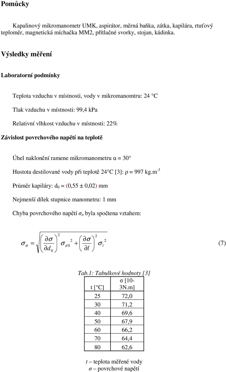 napětí na teplotě Úhel naklonění ramene mikromanometru α = 30 Hustota destilované vody při teplotě 4 C [3]: ρ = 997 kg.