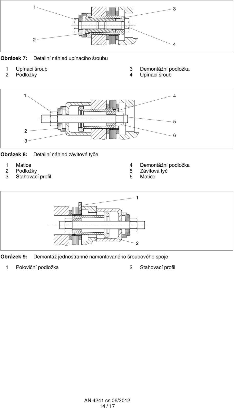 Podložky 3 Stahovací profil 4 Demontážní podložka 5 Závitová tyč 6 Matice 1 2 Obrázek 9: