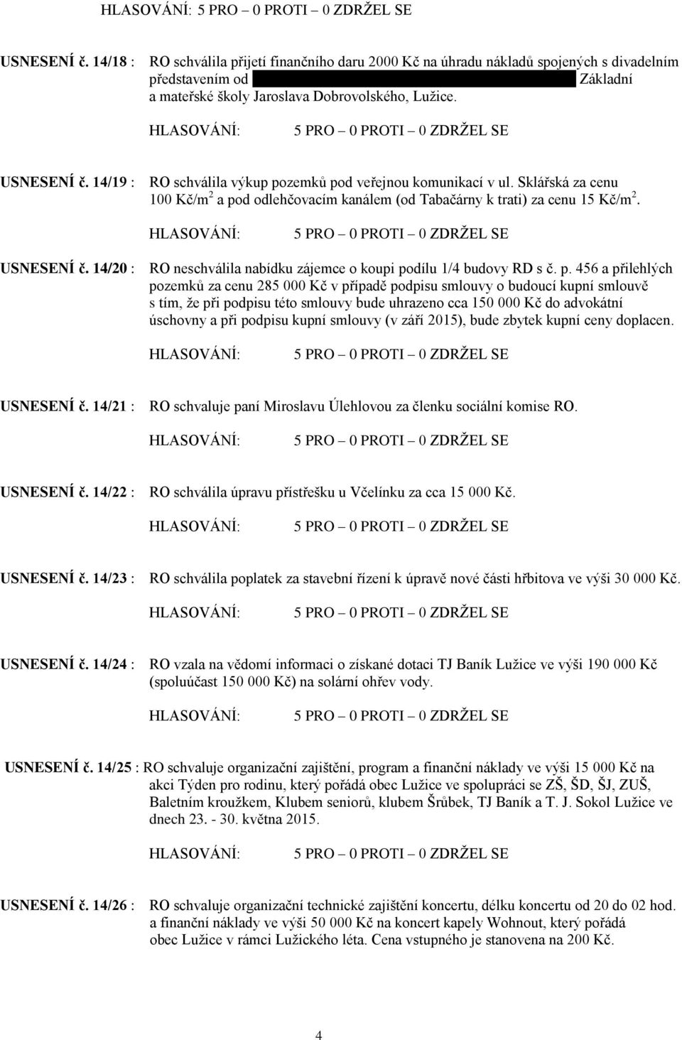 Dobrovolského, Lužice.  14/19 : RO schválila výkup pozemků pod veřejnou komunikací v ul. Sklářská za cenu 100 Kč/m 2 a pod odlehčovacím kanálem (od Tabačárny k trati) za cenu 15 Kč/m 2.