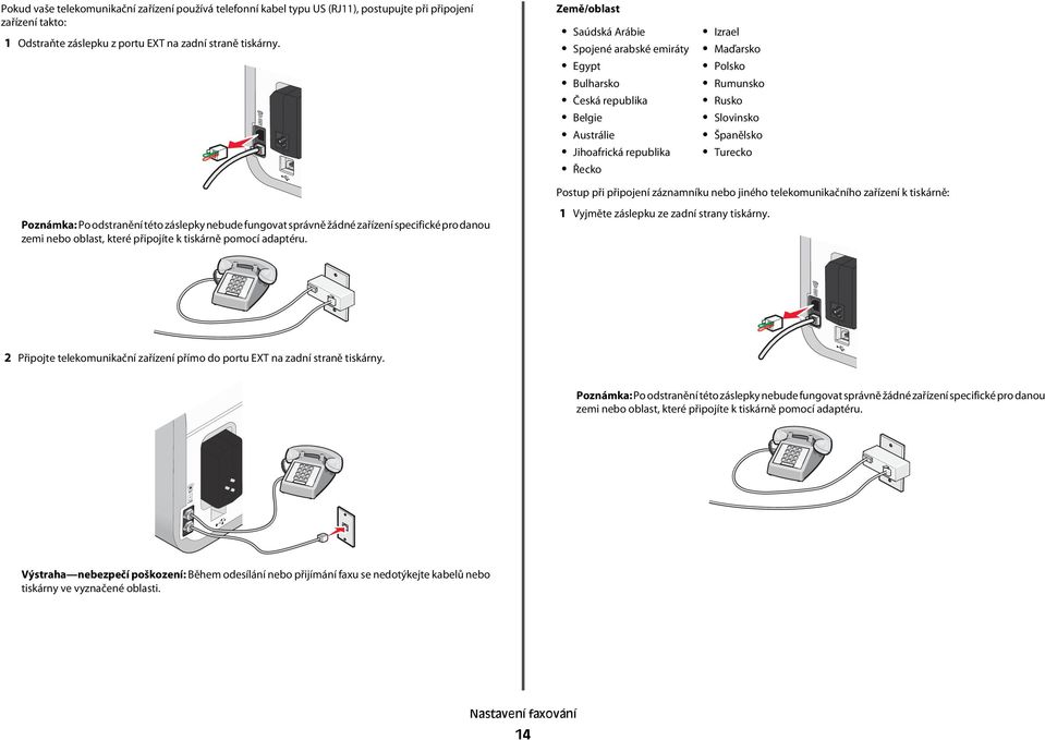 Postup při připojení záznamníku nebo jiného telekomunikačního zařízení k tiskárně: Poznámka: Po odstranění této záslepky nebude fungovat správně žádné zařízení specifické pro danou zemi nebo oblast,