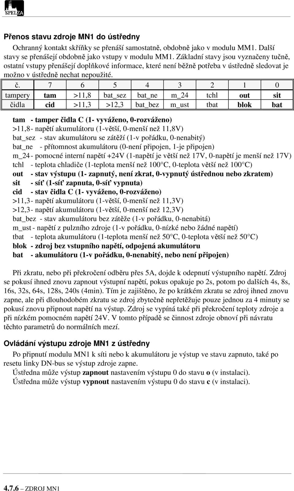 7 6 5 4 3 2 1 0 tampery tam >11,8 bat_sez bat_ne m_24 tchl out sit čidla cid >11,3 >12,3 bat_bez m_ust tbat blok bat tam - tamper čidla C (1- vyváženo, 0-rozváženo) >11,8 - napětí akumulátoru