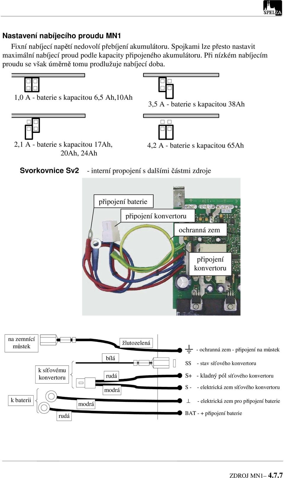 1,0 A - baterie s kapacitou 6,5 Ah,10Ah 3,5 A - baterie s kapacitou 38Ah 2,1 A - baterie s kapacitou 17Ah, 20Ah, 24Ah 4,2 A - baterie s kapacitou 65Ah Svorkovnice Sv2 - interní propojení s dalšími