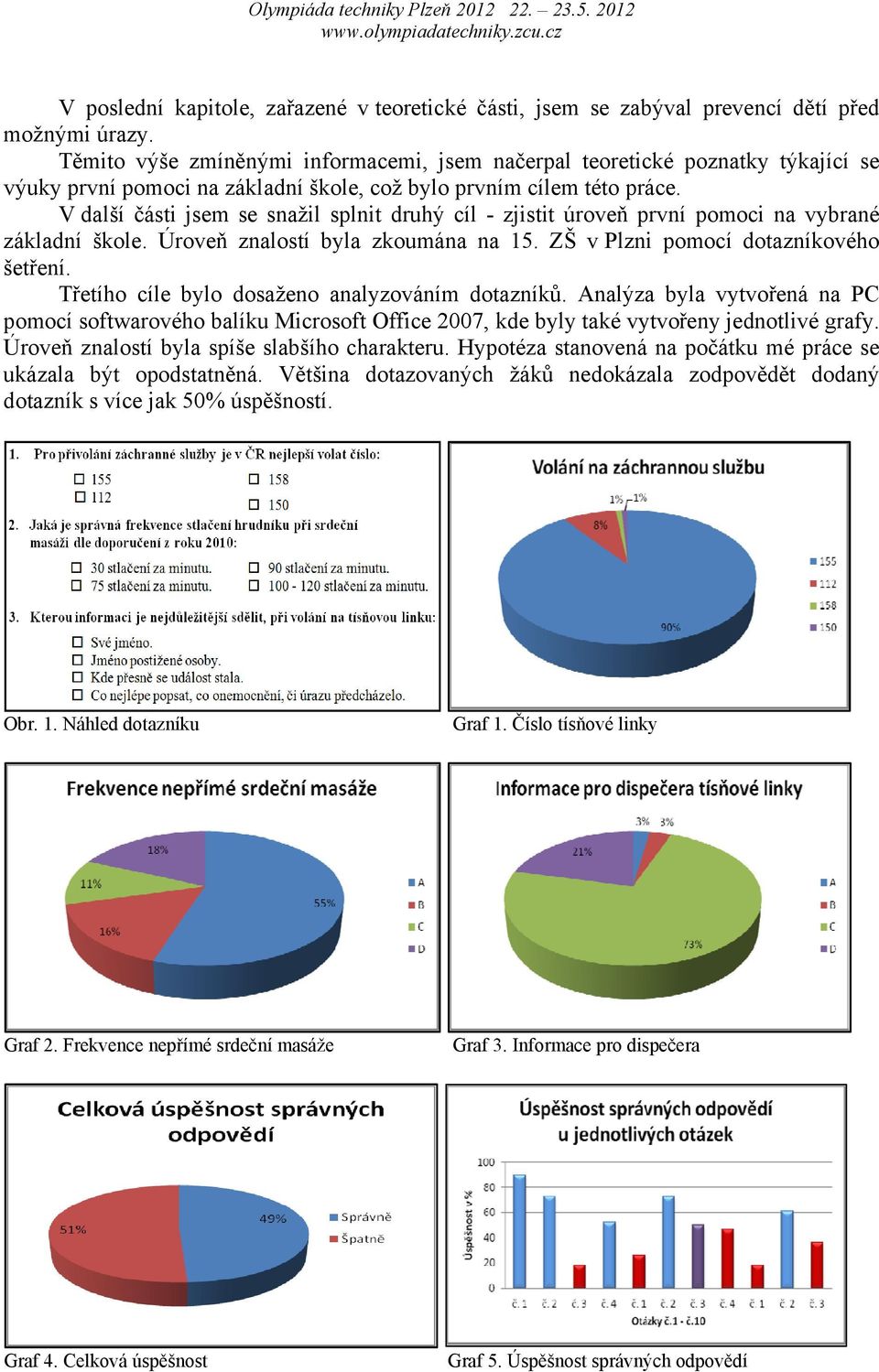 V další části jsem se snažil splnit druhý cíl - zjistit úroveň první pomoci na vybrané základní škole. Úroveň znalostí byla zkoumána na 15. ZŠ v Plzni pomocí dotazníkového šetření.