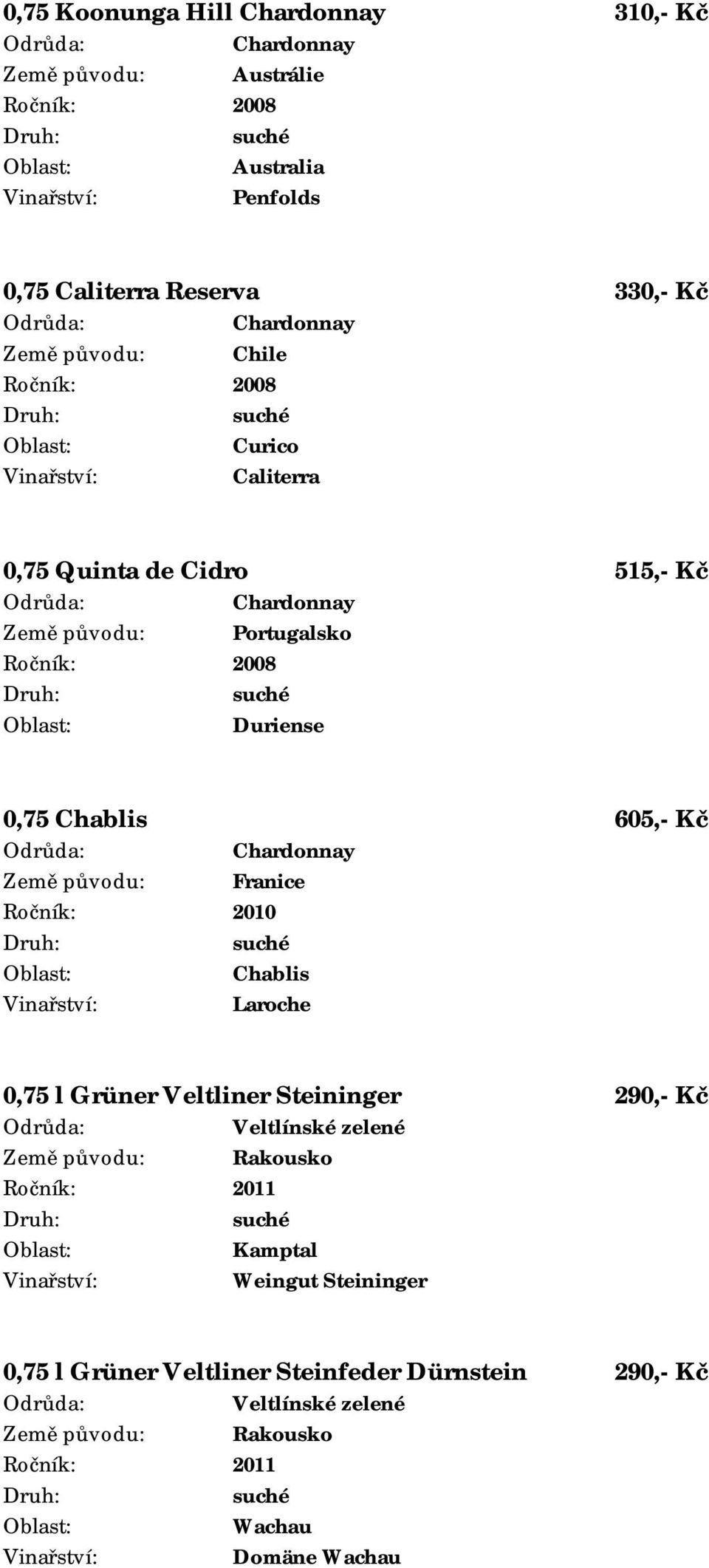 Chardonnay Země původu: Franice Chablis Laroche 0,75 l Grüner Veltliner Steininger 290,- Kč Veltlínské zelené Země původu: Rakousko
