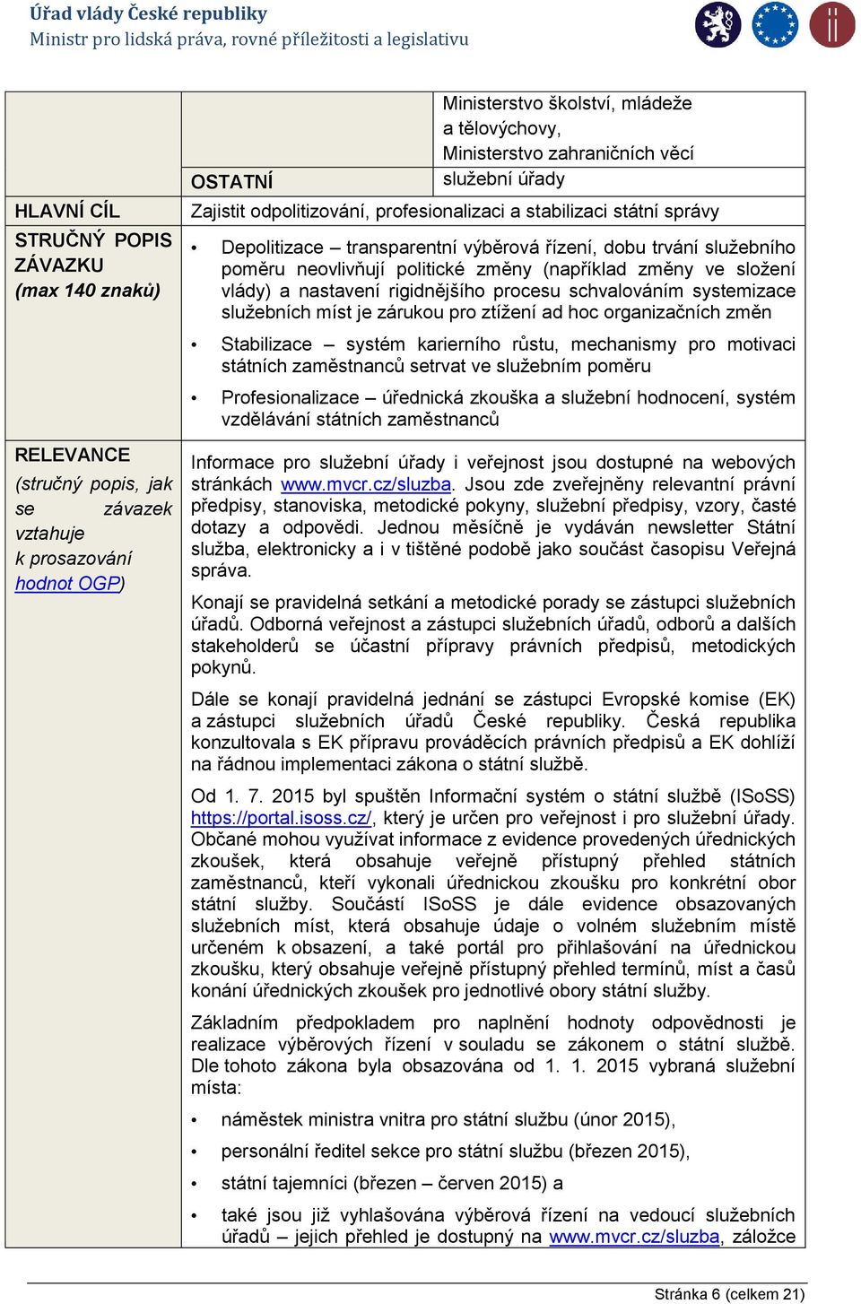 změny (například změny ve složení vlády) a nastavení rigidnějšího procesu schvalováním systemizace služebních míst je zárukou pro ztížení ad hoc organizačních změn Stabilizace systém karierního