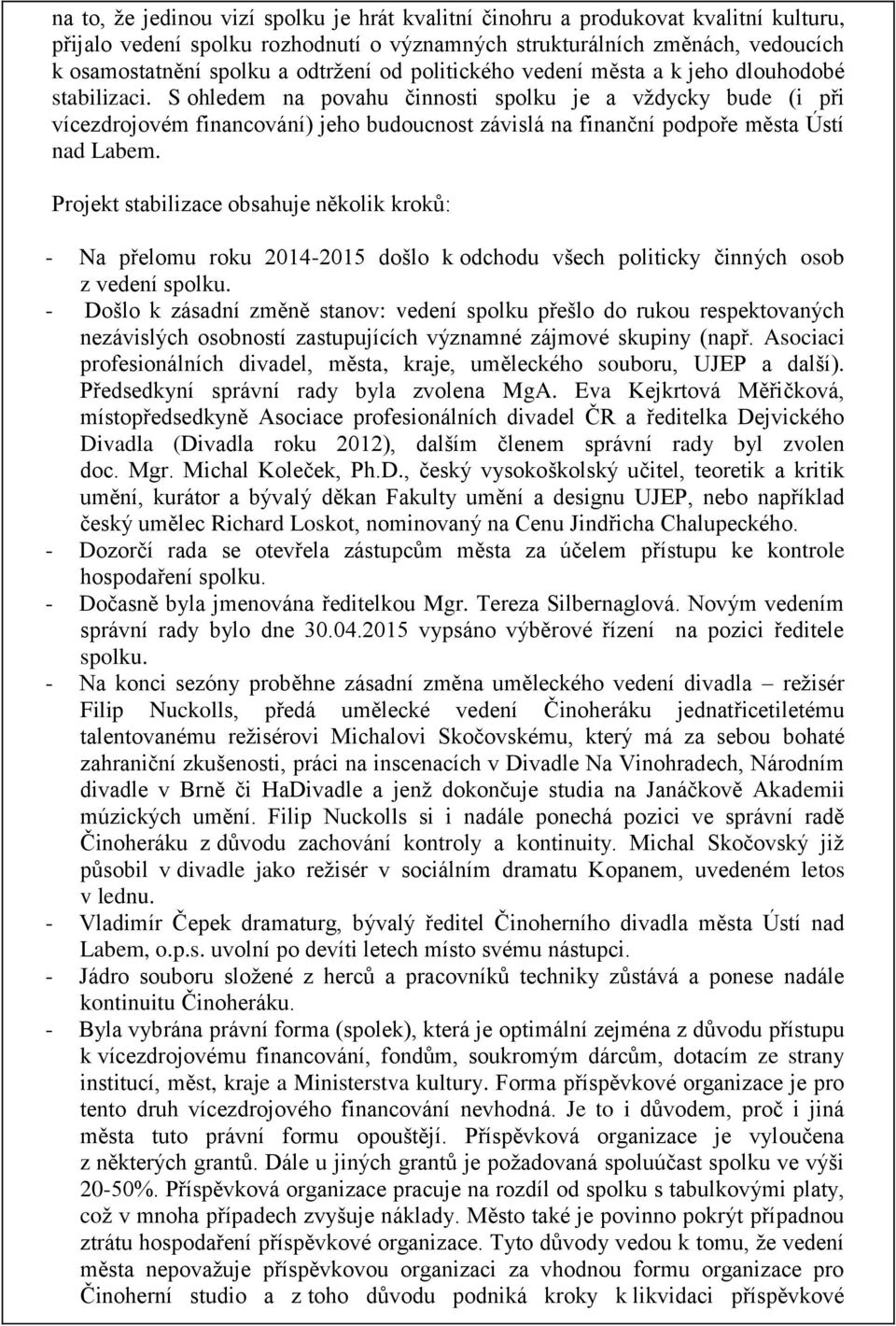 S ohledem na povahu činnosti spolku je a vždycky bude (i při vícezdrojovém financování) jeho budoucnost závislá na finanční podpoře města Ústí nad Labem.