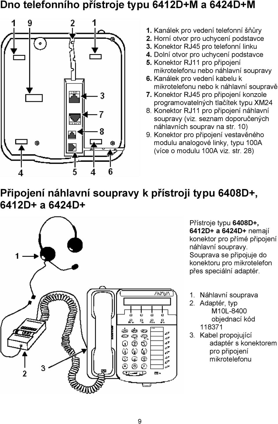 Konektor RJ45 pro připojení konzole progrmovtelných tlčítek typu XM24 8. Konektor RJ11 pro připojení náhlvní souprvy (viz. seznm doporučených náhlvních souprv n str. 10) 9.