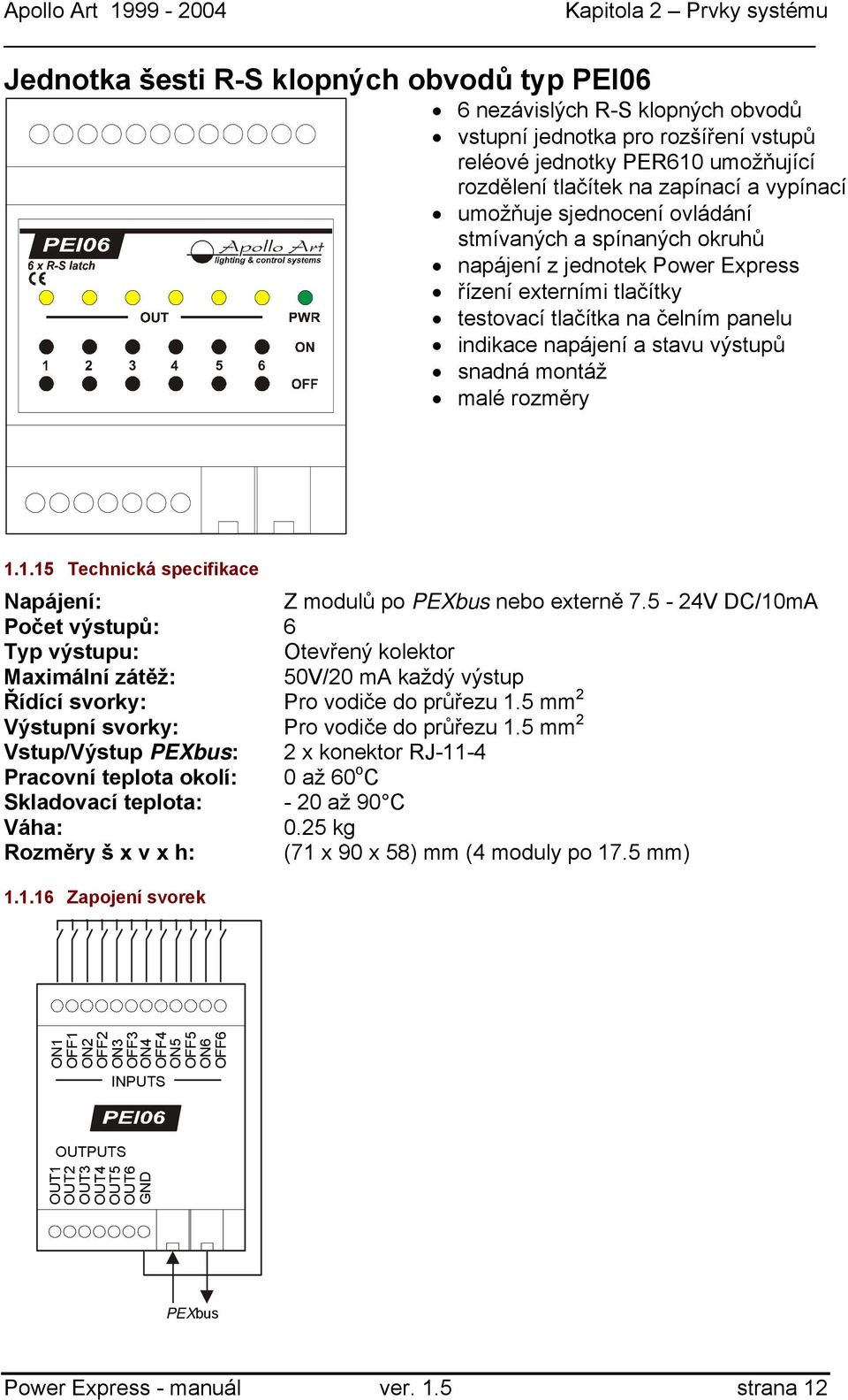 1.15 Technická specifikace apájení: Z modulů po nebo externě 7.