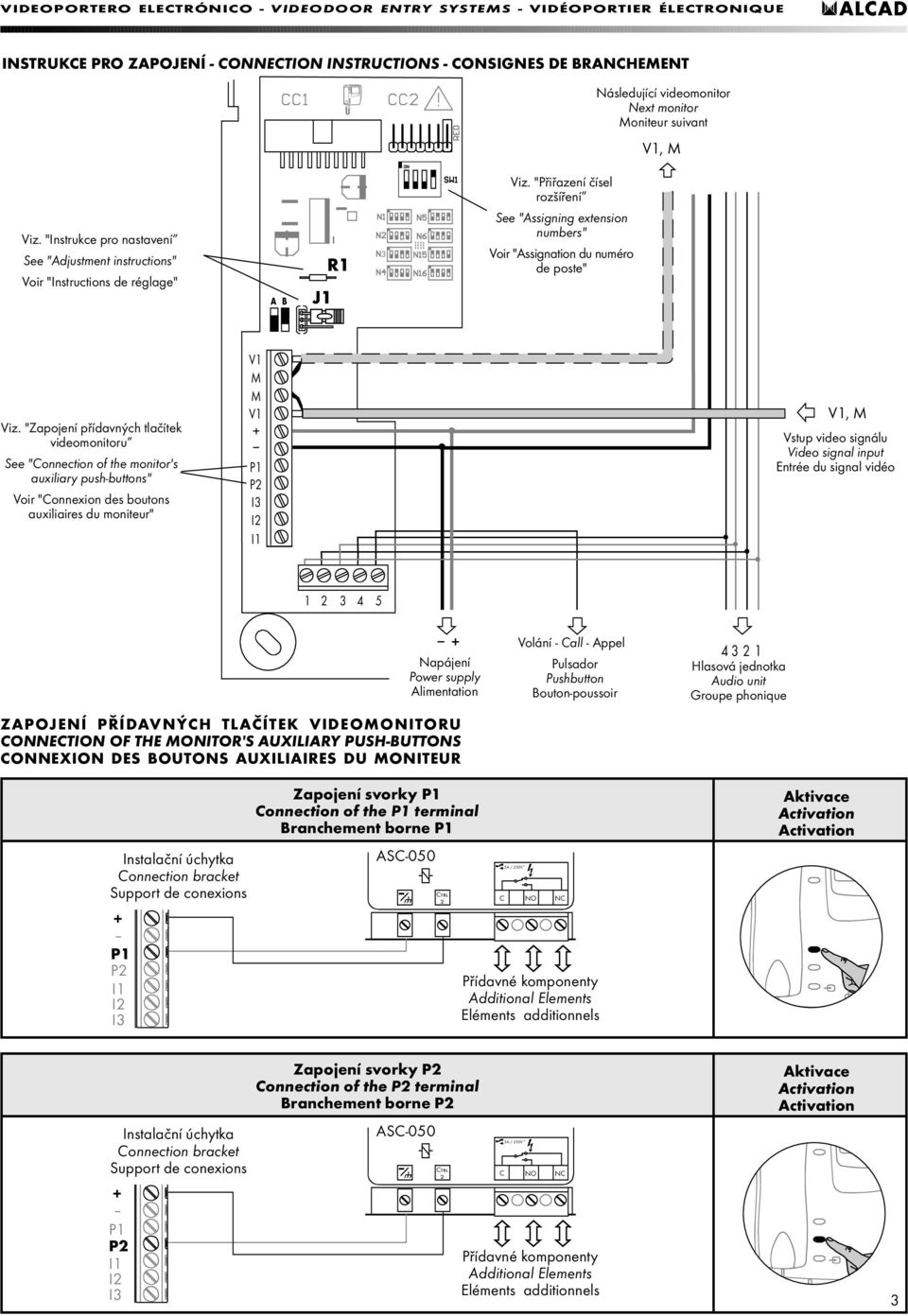 "Zapojení přídavných tlačítek videomonitoru See "Connection of the monitor's auxiliary push buttons" Voir "Connexion des boutons auxiliaires du moniteur" V M M V P P2 I3 I2 I V, M Vstup video signálu