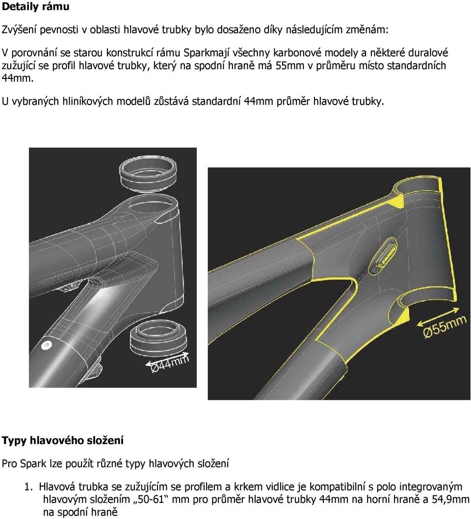 U vybraných hliníkových modelů zůstává standardní 44mm průměr hlavové trubky. Typy hlavového složení Pro Spark lze použít různé typy hlavových složení 1.