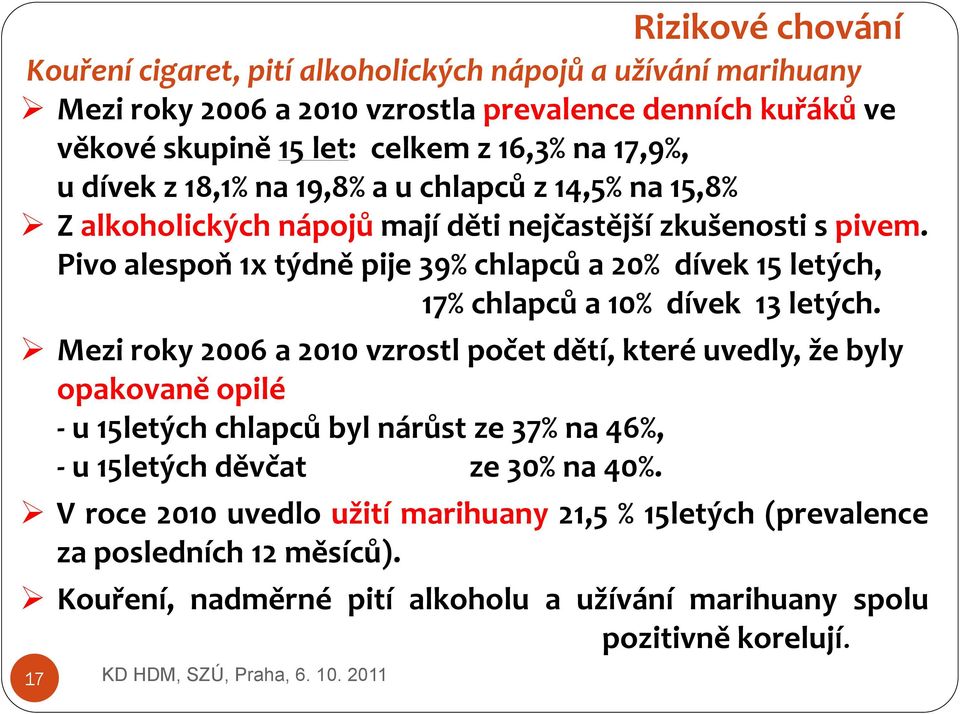 Pivo alespoň 1x týdně pije 39% chlapců a 20% dívek 15 letých, 17% chlapců a 10% dívek 13 letých.