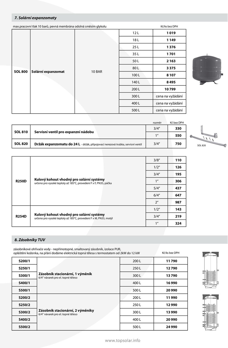 200 L 10 799 300 L cena na vyžádání 400 L cena na vyžádání 500 L cena na vyžádání SOL 810 Servisní ventil pro expanzní nádobu rozměr 3/4 330 1 550 SOL 820 Držák expanzomatu do 24 L - držák,