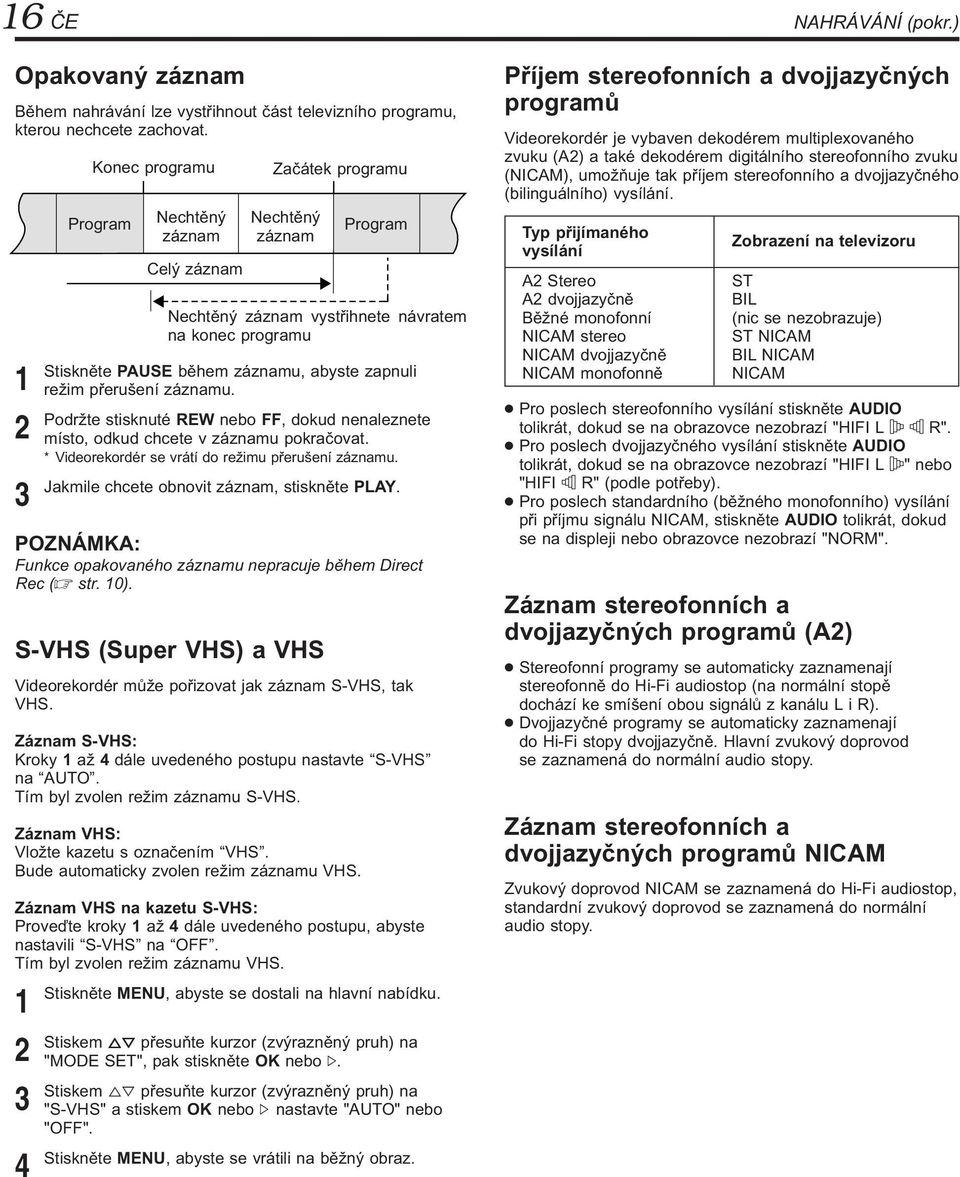 POZNÁMKA: Funkce opakovaného záznamu nepracuje během Direct Rec ( str. 0). S-VHS (Super VHS) a VHS Videorekordér může pořizovat jak záznam S-VHS, tak VHS.