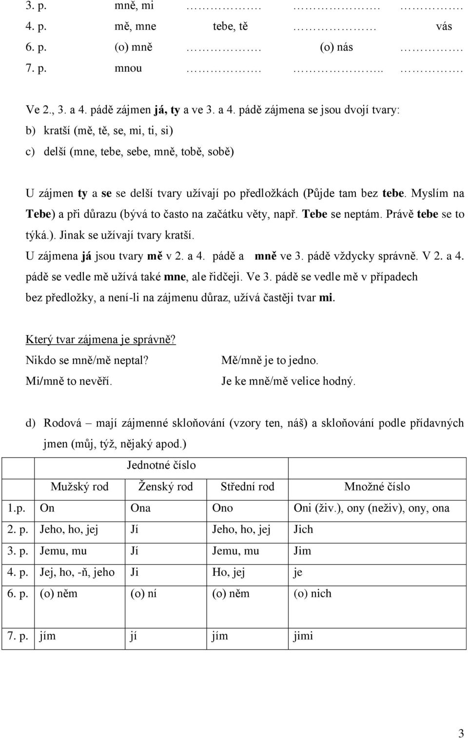 pádě zájmena se jsou dvojí tvary: b) kratší (mě, tě, se, mi, ti, si) c) delší (mne, tebe, sebe, mně, tobě, sobě) U zájmen ty a se se delší tvary užívají po předložkách (Půjde tam bez tebe.