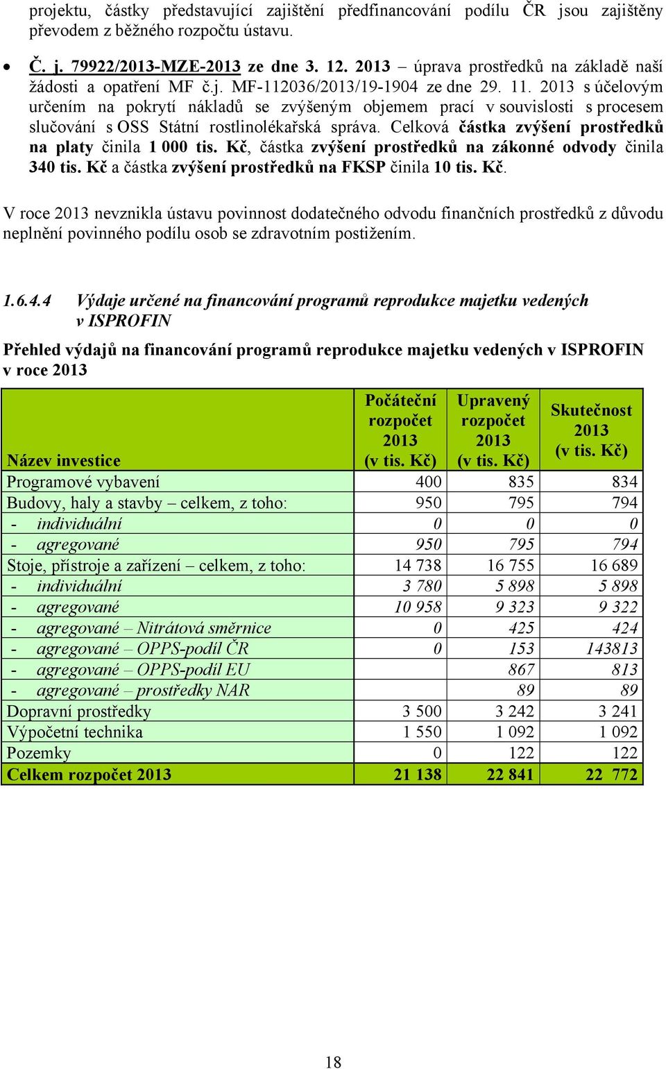 2013 s účelovým určením na pokrytí nákladů se zvýšeným objemem prací v souvislosti s procesem slučování s OSS Státní rostlinolékařská správa.