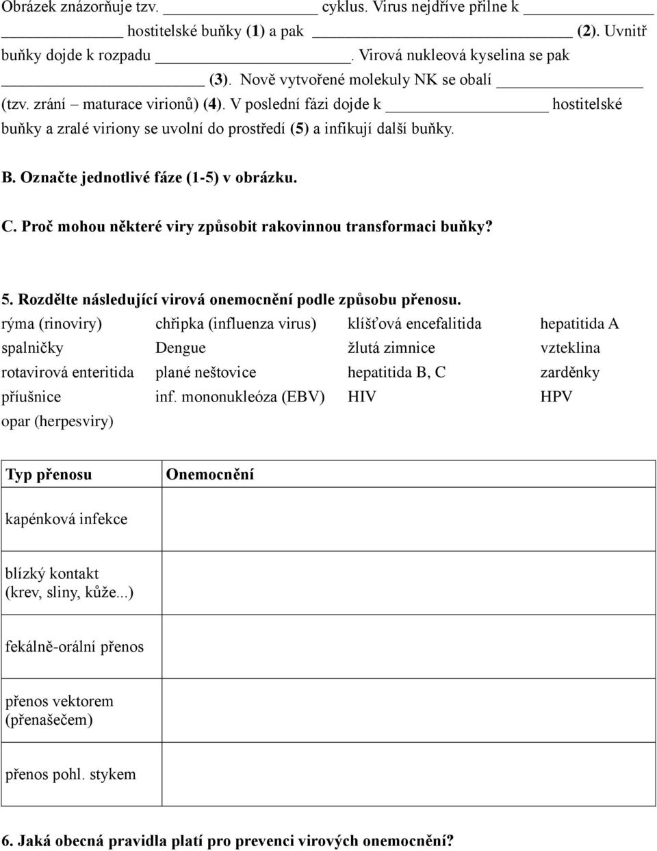 Proč mohou některé viry způsobit rakovinnou transformaci buňky? 5. Rozdělte následující virová onemocnění podle způsobu přenosu.