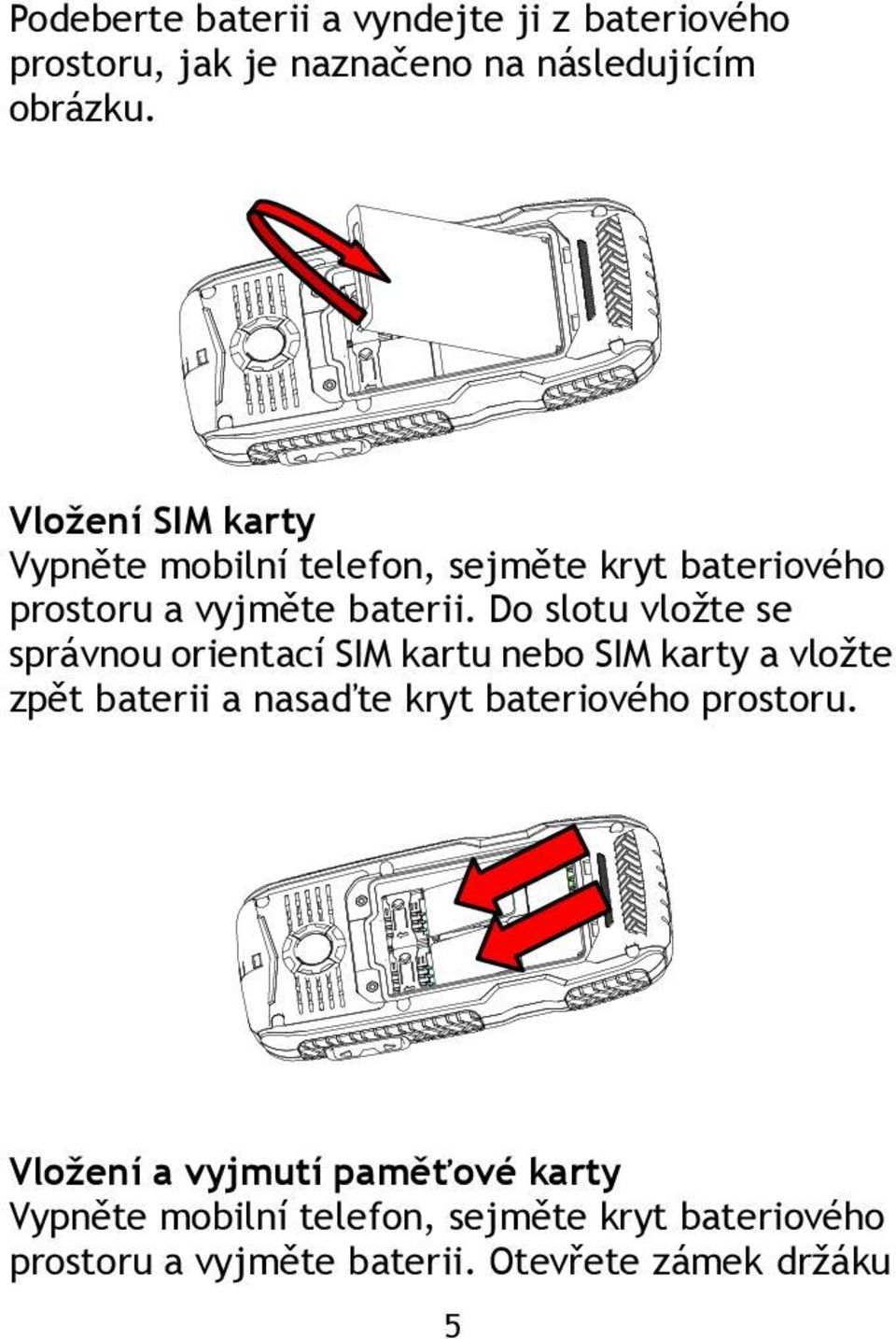 Do slotu vložte se správnou orientací SIM kartu nebo SIM karty a vložte zpět baterii a nasaďte kryt bateriového