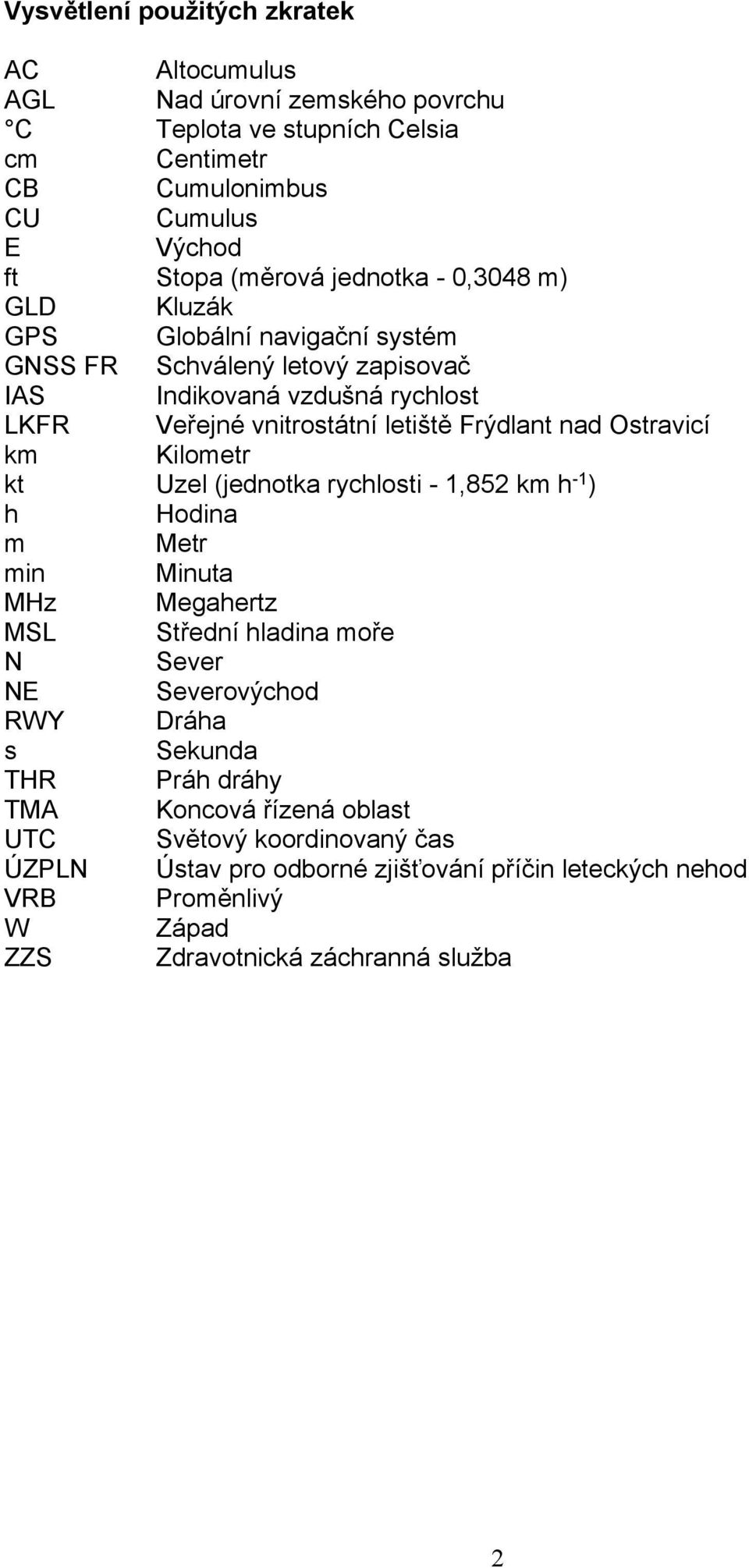 Ostravicí km Kilometr kt Uzel (jednotka rychlosti - 1,852 km h -1 ) h Hodina m Metr min Minuta MHz Megahertz MSL Střední hladina moře N Sever NE Severovýchod RWY Dráha s Sekunda