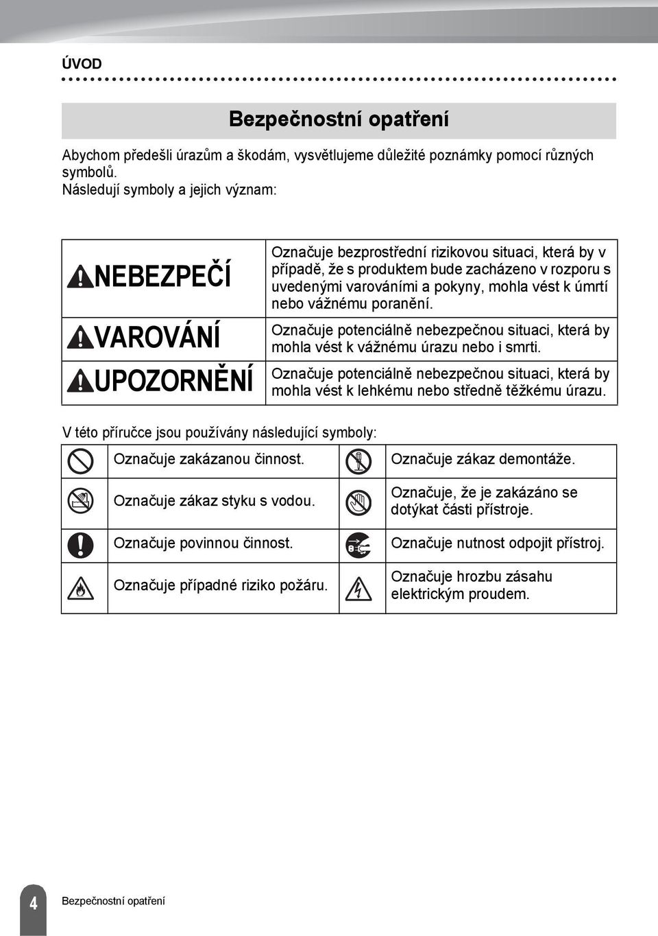 mohla vést k úmrtí nebo vážnému poranění. Označuje potenciálně nebezpečnou situaci, která by mohla vést k vážnému úrazu nebo i smrti.