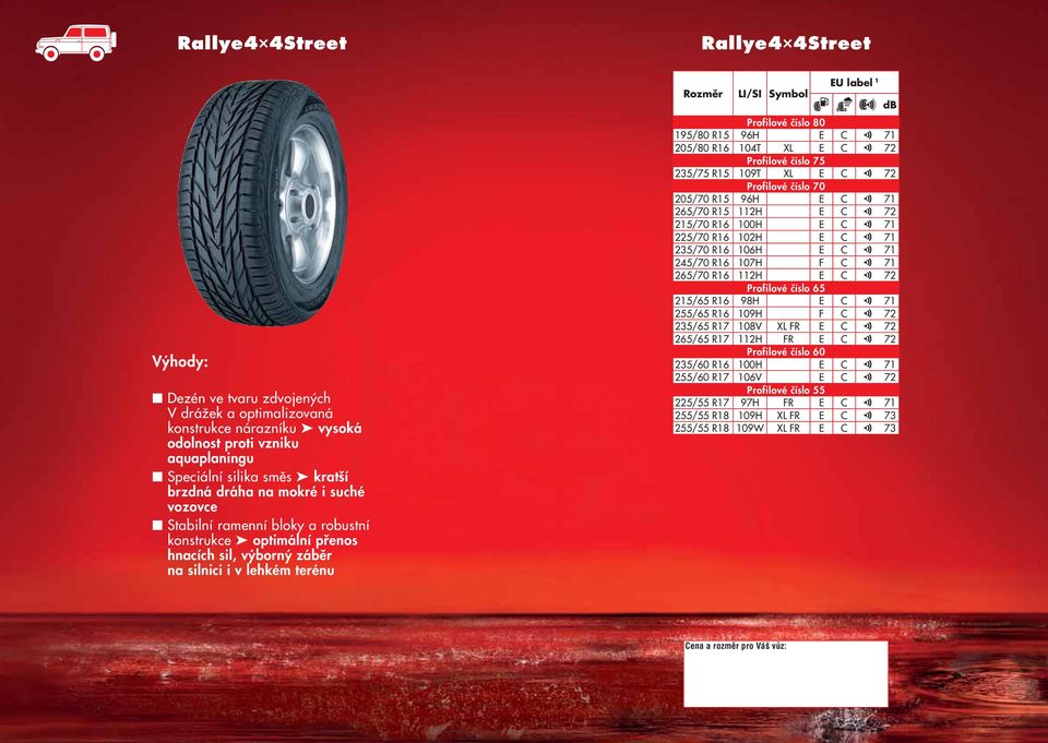 Profilové ãíslo 75 235/75 R15 109T XL E C 72 Profilové ãíslo 70 205/70 R15 96H E C 71 265/70 R15 112H E C 72 215/70 R16 100H E C 71 225/70 R16 102H E C 71 235/70 R16 106H E C 71 245/70 R16 107H F C