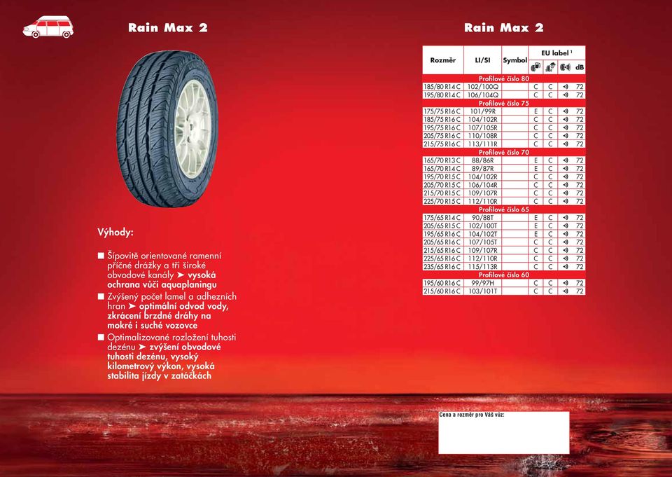 102/100Q C C 72 195/80 R14 C 106/104Q C C 72 Profilové ãíslo 75 175/75 R16 C 101/99R E C 72 185/75 R16 C 104/102R C C 72 195/75 R16 C 107/105R C C 72 205/75 R16 C 110/108R C C 72 215/75 R16 C