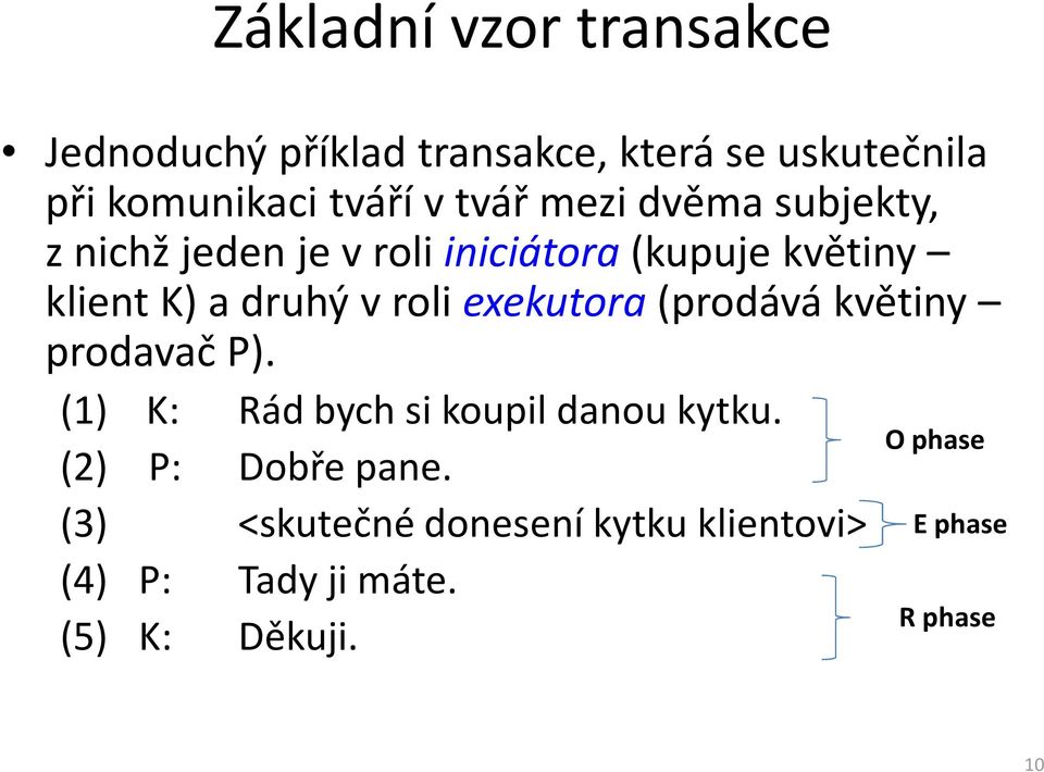 exekutora(prodává květiny prodavač P). (1) K: Rád bych si koupil danou kytku. (2) P: Dobře pane.