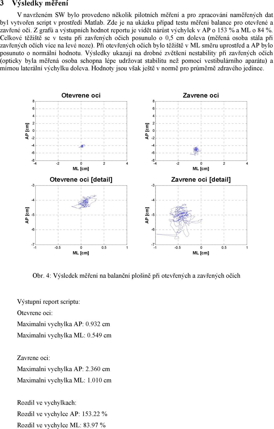 Celkové těžiště se v testu při zavřených očich posunulo o 0,5 cm doleva (měřená osoba stála při zavřených očích více na levé noze).