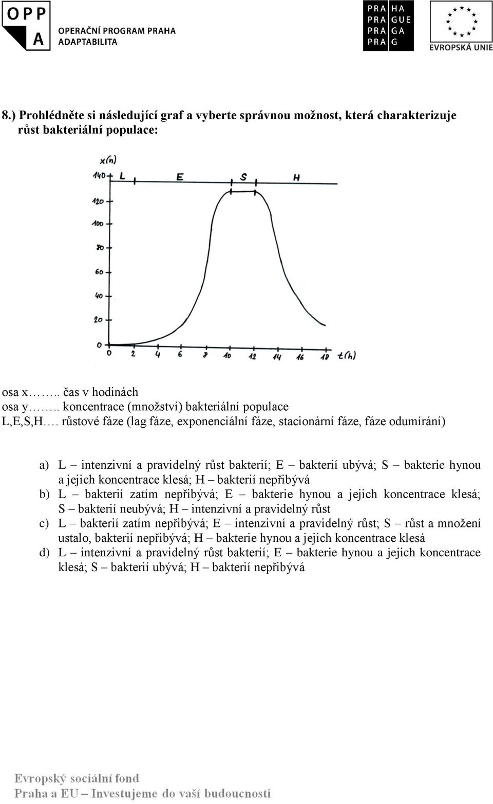 nepřibývá b) L bakterií zatím nepřibývá; E bakterie hynou a jejich koncentrace klesá; S bakterií neubývá; H intenzivní a pravidelný růst c) L bakterií zatím nepřibývá; E intenzivní a pravidelný růst;