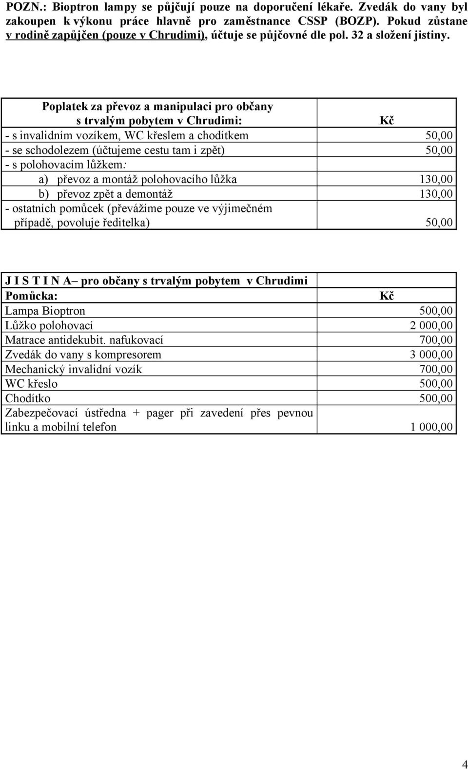 Poplatek za převoz a manipulaci pro občany s trvalým pobytem v Chrudimi: Kč - s invalidním vozíkem, WC křeslem a chodítkem 50,00 - se schodolezem (účtujeme cestu tam i zpět) 50,00 - s polohovacím