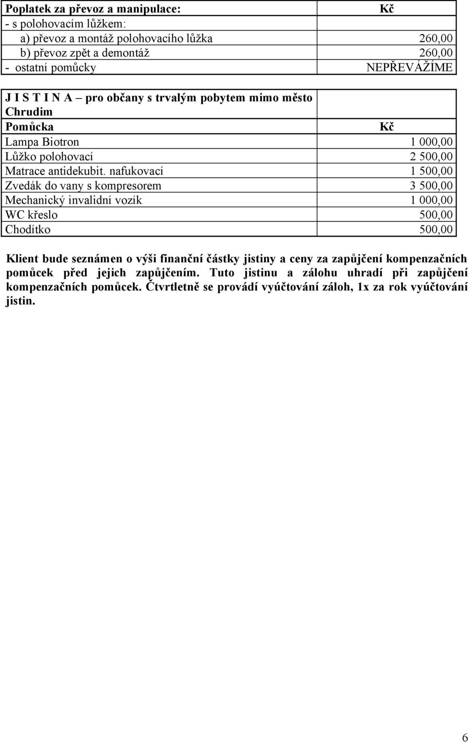 nafukovací 1 500,00 Zvedák do vany s kompresorem 3 500,00 Mechanický invalidní vozík 1 000,00 WC křeslo 500,00 Chodítko 500,00 Klient bude seznámen o výši finanční částky