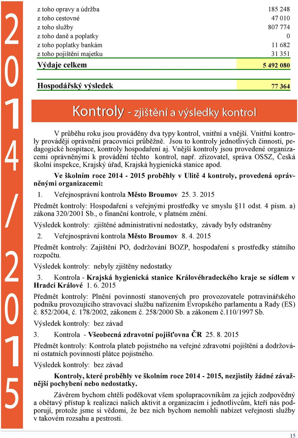 Jsou to kontroly jednotlivých činností, pedagogické hospitace, kontroly hospodaření aj. Vnější kontroly jsou provedené organizacemi oprávněnými k provádění těchto kontrol, např.