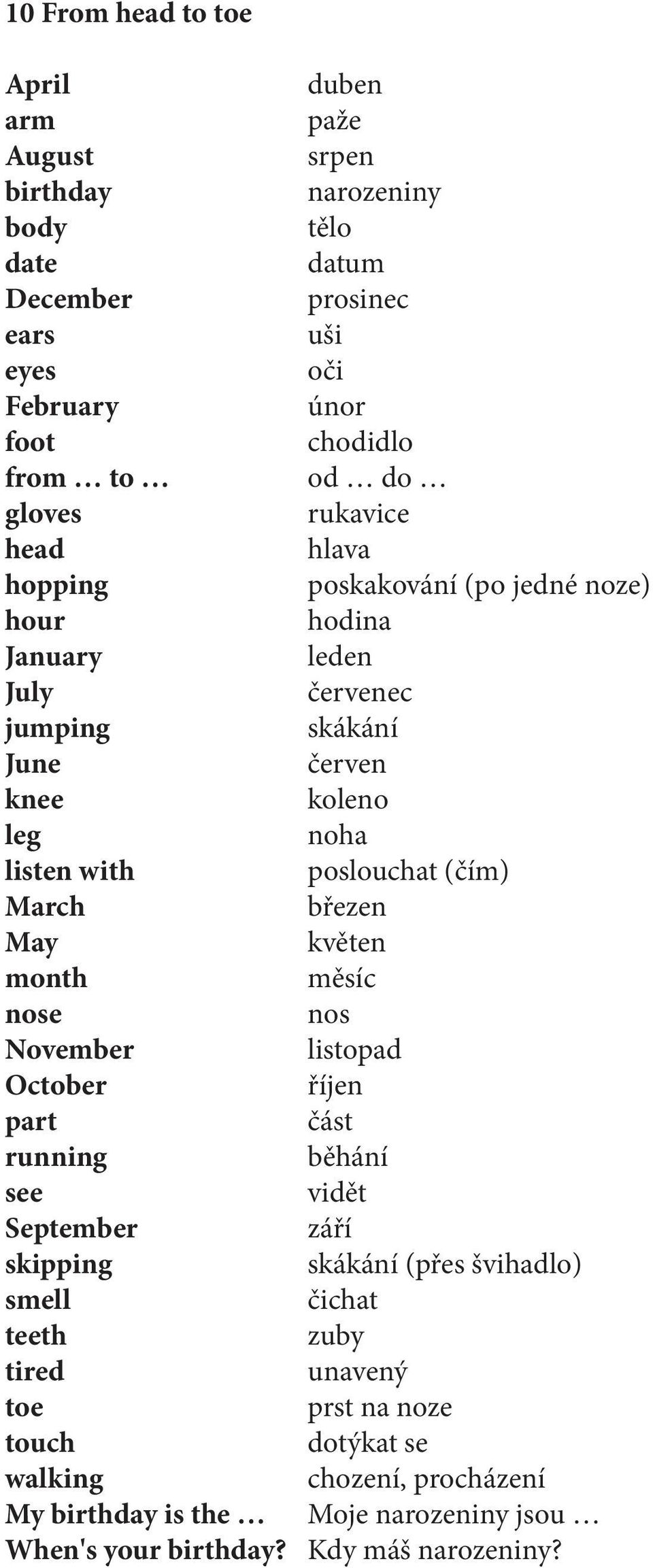 poslouchat (čím) March březen May květen month měsíc nose nos November listopad October říjen part část running běhání see vidět September září skipping skákání (přes