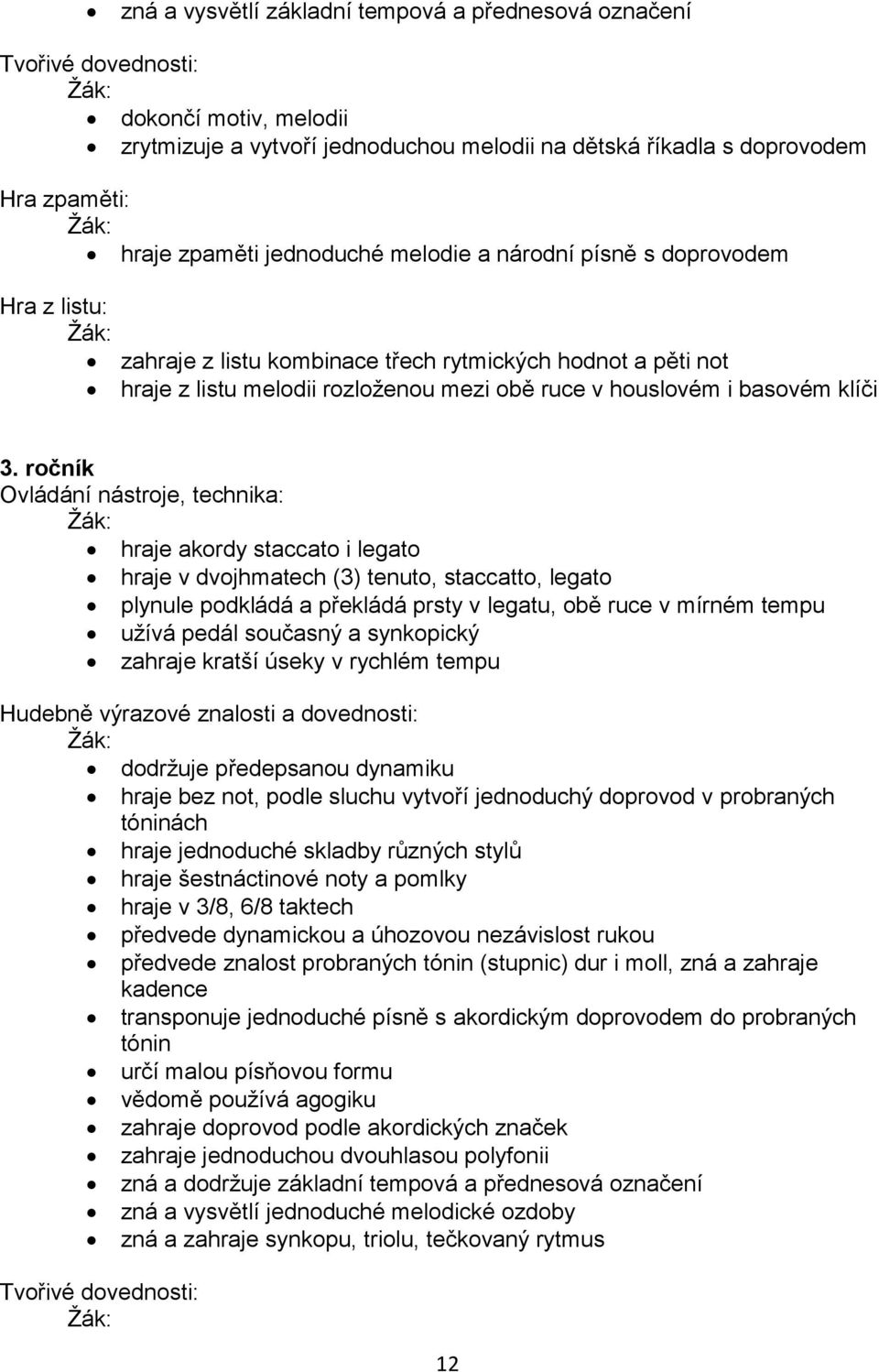 ročník hraje akordy staccato i legato hraje v dvojhmatech (3) tenuto, staccatto, legato plynule podkládá a překládá prsty v legatu, obě ruce v mírném tempu užívá pedál současný a synkopický zahraje