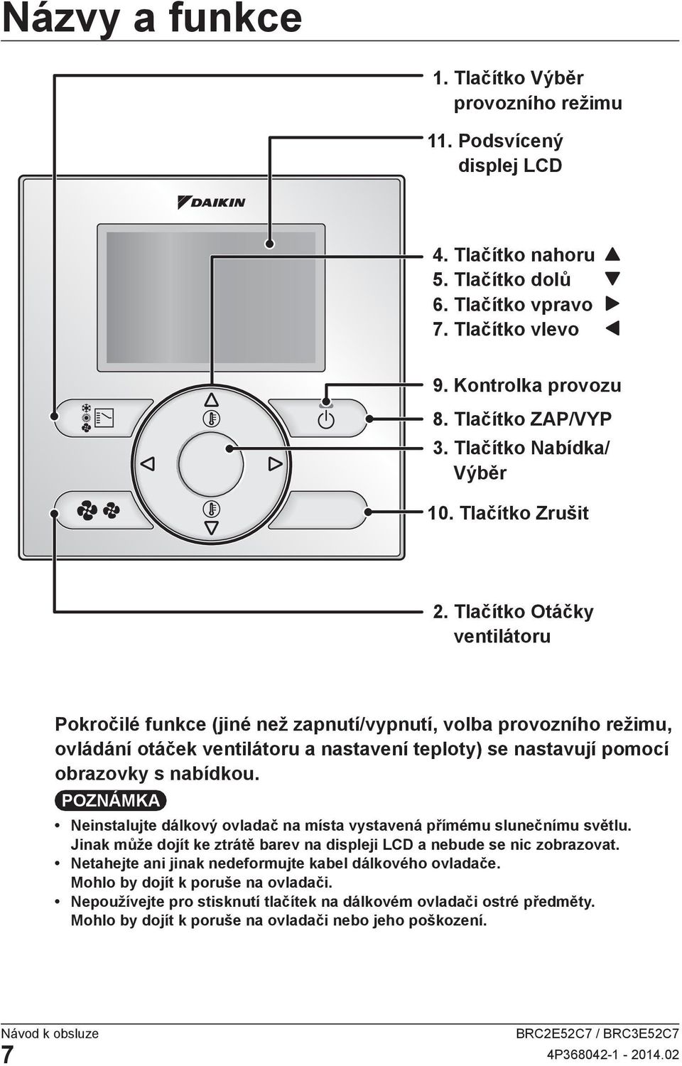 Tlačítko Otáčky ventilátoru Pokročilé funkce (jiné než zapnutí/vypnutí, volba provozního režimu, ovládání otáček ventilátoru a nastavení teploty) se nastavují pomocí obrazovky s nabídkou.