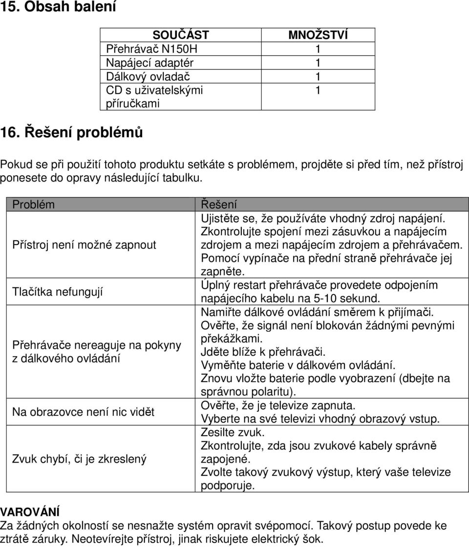 než přístroj ponesete do opravy následující tabulku.