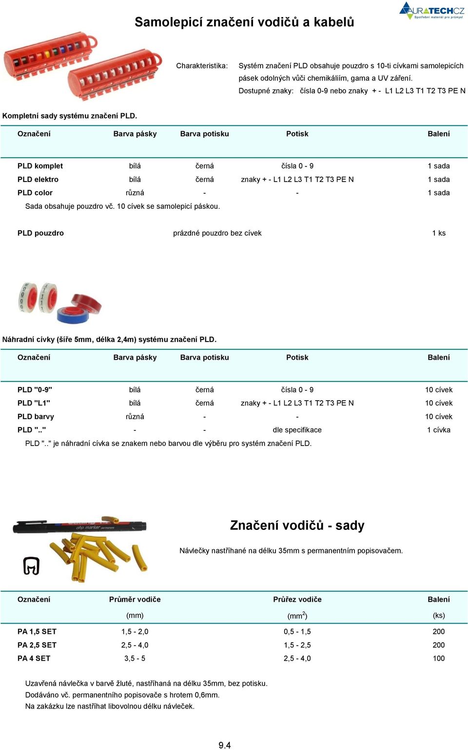 Ozna ení Barva pásky Barva potisku Potisk Balení PLD komplet bílá erná ísla 0-9 1 sada PLD elektro bílá erná znaky + - L1 L2 L3 T1 T2 T3 PE N 1 sada PLD color r zná - - 1 sada Sada obsahuje pouzdro v.