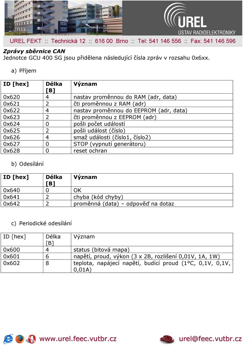 0x624 0 pošli počet událostí 0x625 2 pošli událost (číslo) 0x626 4 smaž události (číslo1, číslo2) 0x627 0 STOP (vypnutí generátoru) 0x628 0 reset ochran b) Odesílání 0x640 0