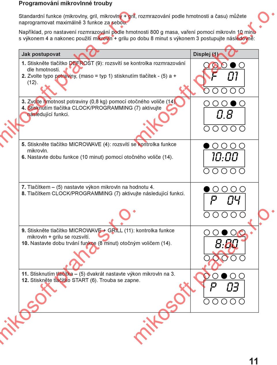 Stiskněte tlačítko DEFROST (9): rozsvítí se kontrolka rozmrazování dle hmotnosti. 2. Zvolte typo potraviny, (maso = typ 1) stisknutím tlačítek - (5) a + (12). f 01 3.