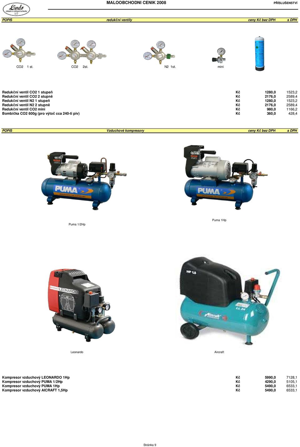 stupně Kč 2176,0 2589,4 Redukční ventil CO2 mini Kč 980,0 1166,2 Bombička CO2 600g (pro výtoč cca 240-ti piv) Kč 360,0 428,4 POPIS Vzduchové kompresory ceny Kč