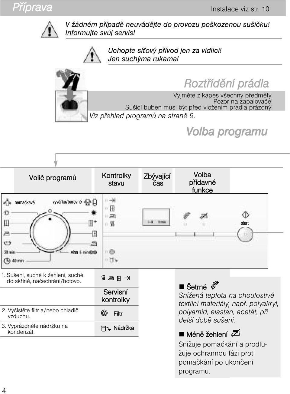 Volba programu Volič programů Kontrolky stavu Zbývající čas Volba přídavné funkce nemačkavé vyvářka/barevné start vlna 1. Sušení, suché k žehlení, suché do skříně, načechrání/hotovo. 2.