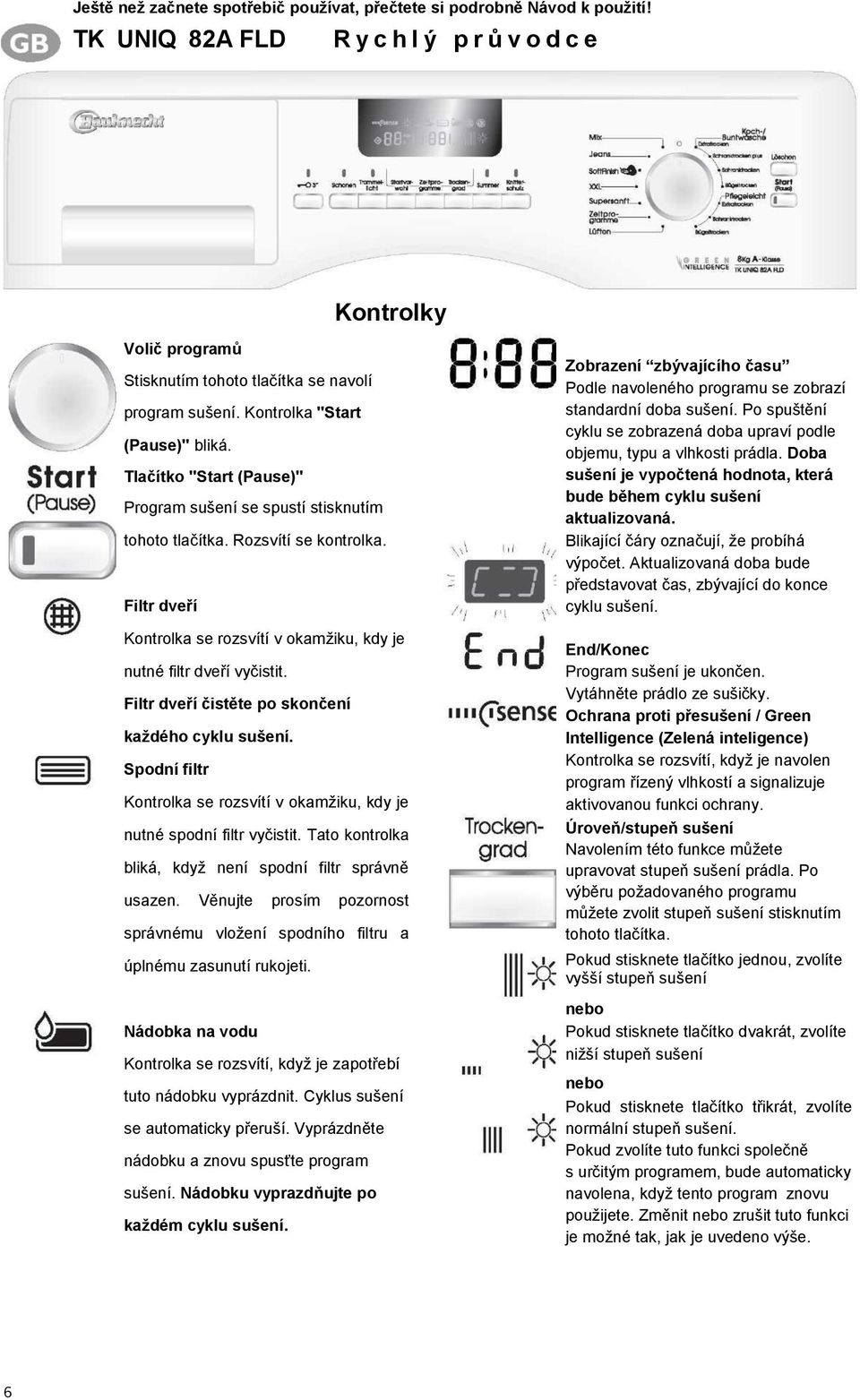 Filtr dveří Kontrolka se rozsvítí v okamžiku, kdy je nutné filtr dveří vyčistit. Filtr dveří čistěte po skončení každého cyklu sušení.