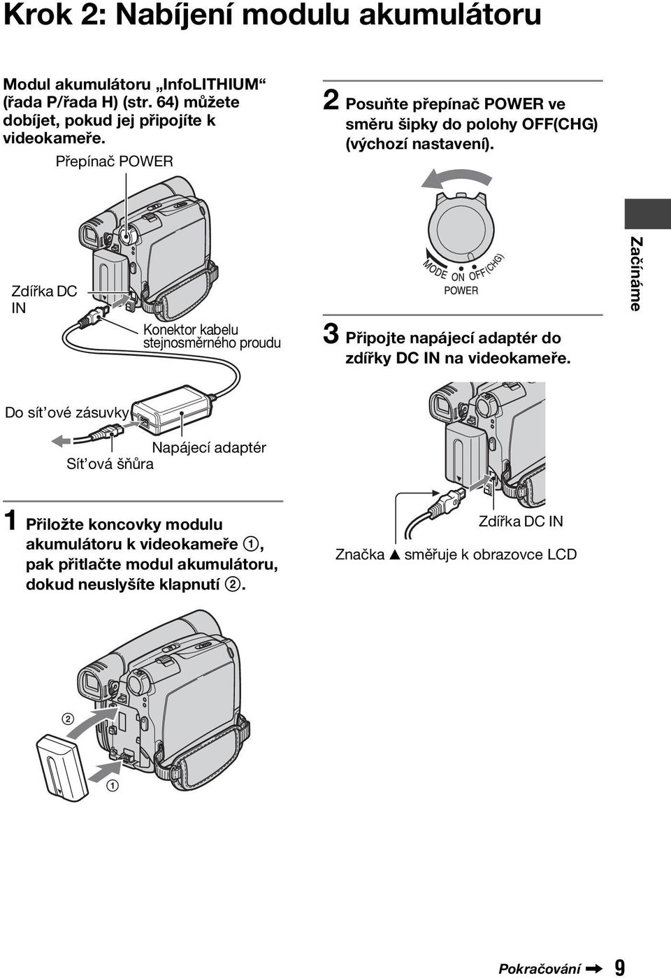 Zdířka DC IN Konektor kabelu stejnosměrného proudu 3 Připojte napájecí adaptér do zdířky DC IN na videokameře.