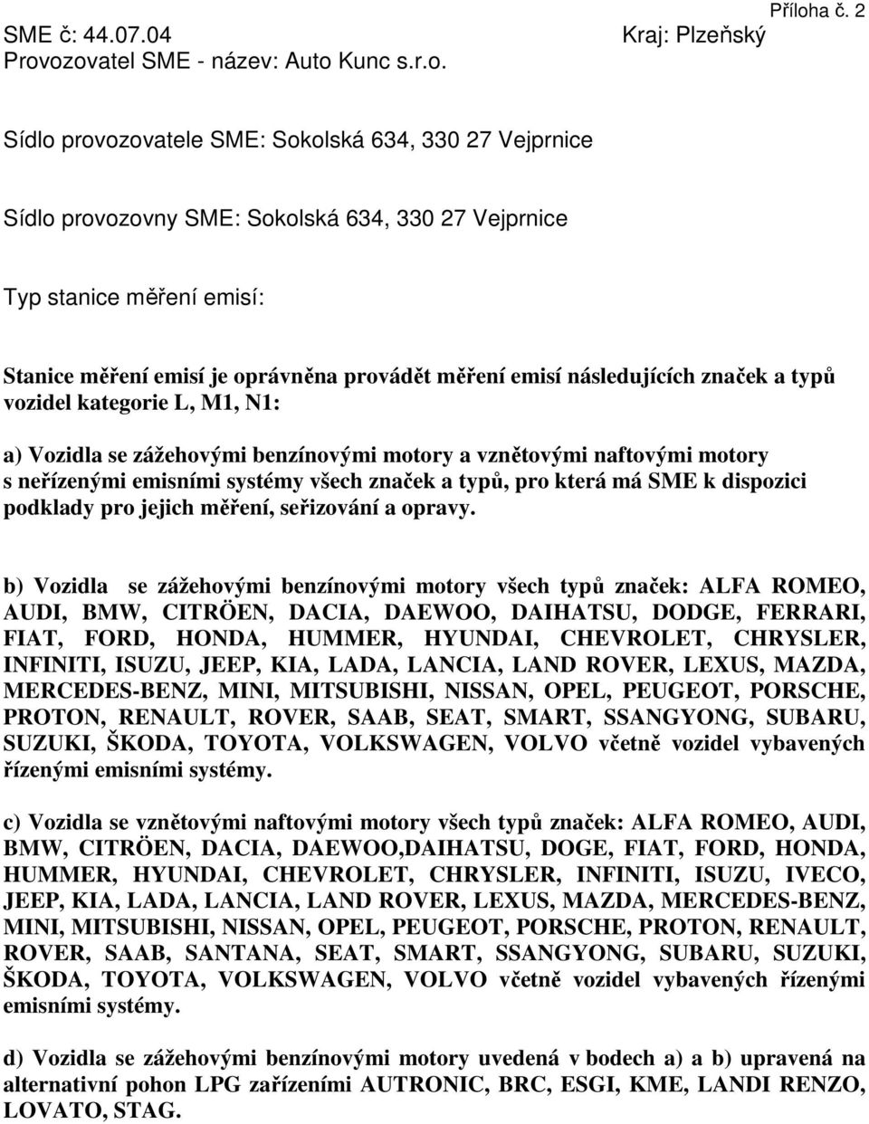 emisí následujících značek a typů vozidel kategorie L, M1, N1: a) Vozidla se zážehovými benzínovými motory a vznětovými naftovými motory s neřízenými emisními systémy všech značek a typů, pro která