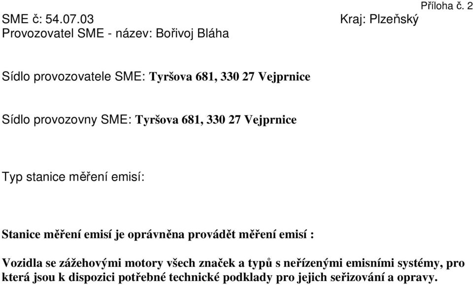 Vejprnice Sídlo provozovny SME: Tyršova 681, 330 27 Vejprnice Stanice měření emisí je oprávněna