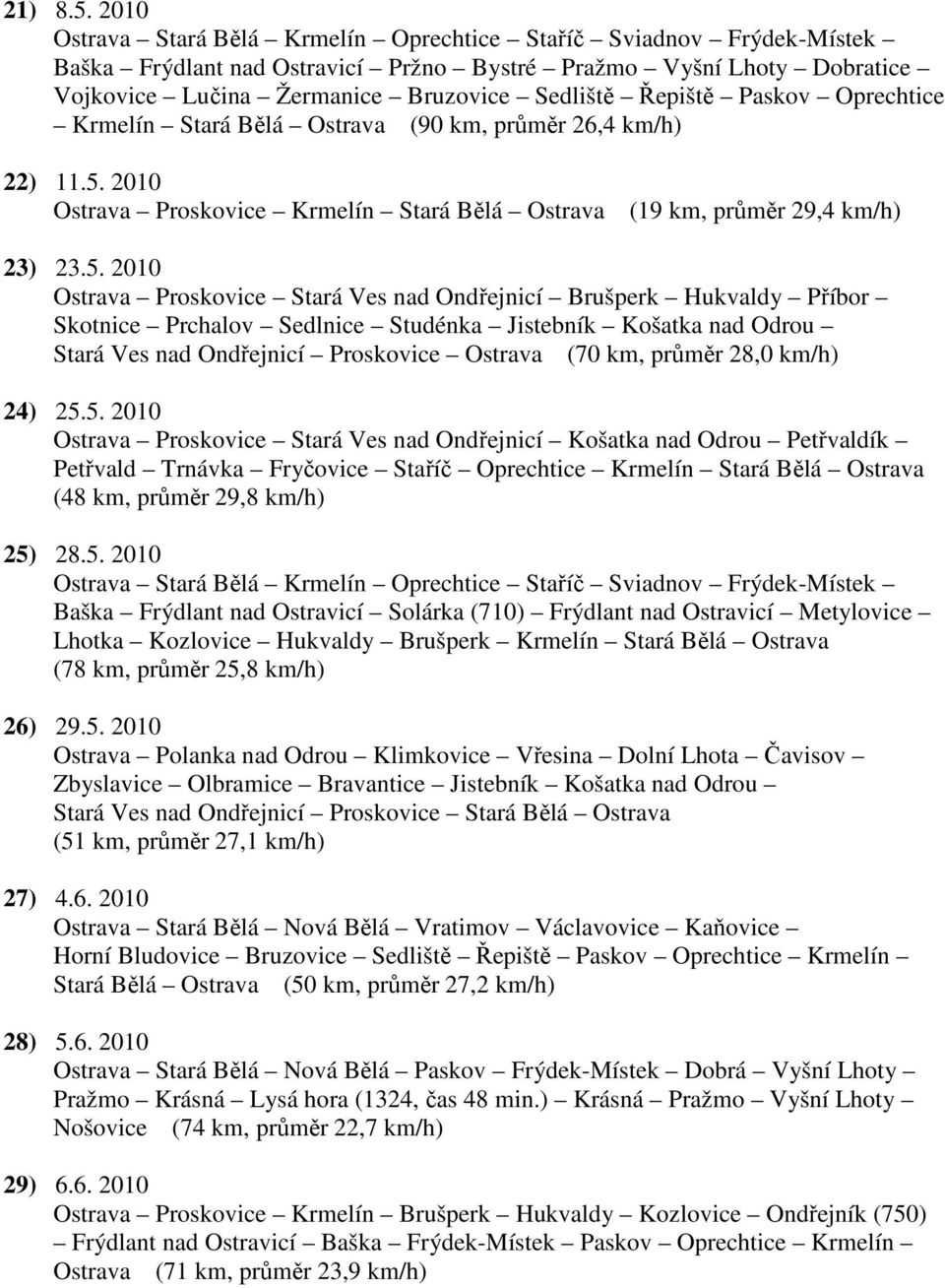 Paskov Oprechtice Krmelín Stará Bělá Ostrava (90 km, průměr 26,4 km/h) 22) 11.5.