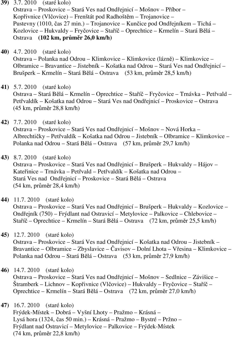 2010 (staré kolo) Ostrava Polanka nad Odrou Klimkovice Klimkovice (lázně) Klimkovice Olbramice Bravantice Jistebník Košatka nad Odrou Stará Ves nad Ondřejnicí Brušperk Krmelín Stará Bělá Ostrava (53