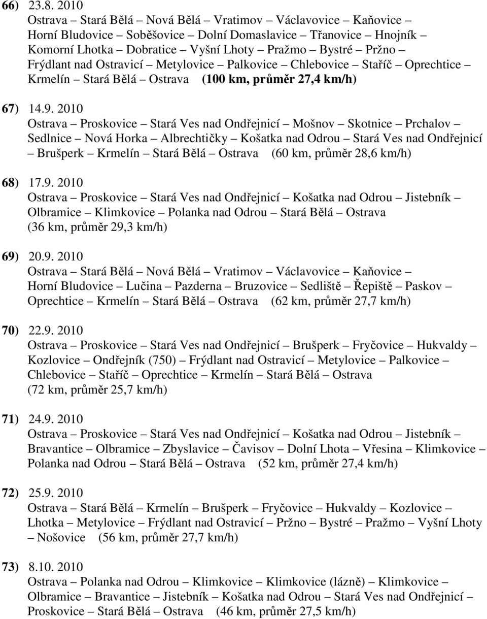 Ostravicí Metylovice Palkovice Chlebovice Staříč Oprechtice Krmelín Stará Bělá Ostrava (100 km, průměr 27,4 km/h) 67) 14.9.